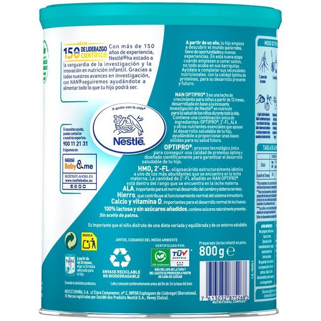 Leche de crecimiento 12 meses NESTLÉ Nan 3 Optipro, lata 800 g