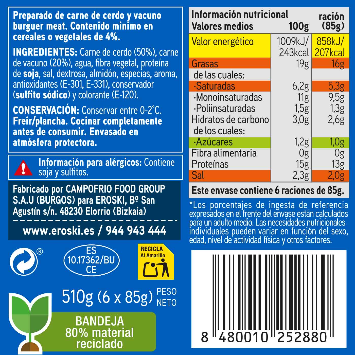 Hamburguesa mixta EROSKI, 6 uds, bandeja 510 g