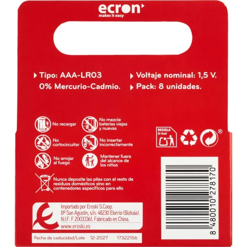 Pila alcalina LR03 (AAA) ECRON, pack 8 uds