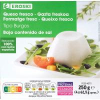 Queso fresco bajo contenido de sal EROSKI, pack 4x62,5 g