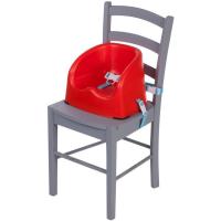 Trona elevadora color rojo. 2 correas de fijación para ajustarla a la mayoría de sillas y arnés de 3 puntos para sujetar al niño. Muy estable, con patas de goma en la base. Fácil de limpiar.Para niños que se mantengan solos hasta 15 kg SAFETY 1ST