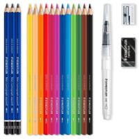 Lápices acuareables, 12 colores 3 grafito pincel goma sacapuntas STAEDTLER, 18 uds