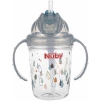 Taza con asas de color gris, hecha de Tritan,dura, transparente y resistente. Con pajita de silicona, tapa higiénica y abatible.240 ML +12m. NUBY