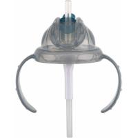 Taza con asas de color gris, hecha de Tritan,dura, transparente y resistente. Con pajita de silicona, tapa higiénica y abatible.240 ML +12m. NUBY
