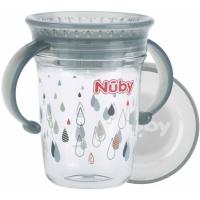 Taza mágica 360º con asas de color gris.Hecha de Tritan,dura, transparente y resistente. Con válvula de silicona que cierra automáticamente cuando el niño deja de beber, 240ML +6M.NUBY