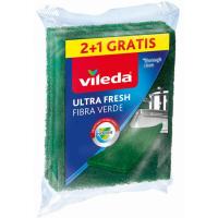 Estropajo fibra verde VILEDA Ultrafresh, pack 2+1 ud
