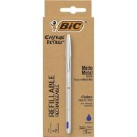 Bolígrafo recargable, plateado, tinta azul con 2 recargas Cristal Re-New BIC, 1 ud