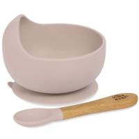 Cuenco de silicona rosa con ventosa y cuchara con mango madera de haya INTERBABY