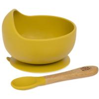 Cuenco de silicona mostaza con ventosa y cuchara con mango madera haya INTERBABY