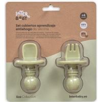 Cubiertos de aprendizaje verde agua antiahogo de silicona INTERBABY, set 2 uds