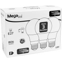 Bombilla Led esférica E27 9W luz neutra (4000k) MEGALED, pack 3 uds