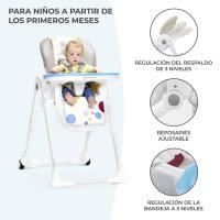 Trona Yumy blanca y azul KINDERKRAFT.  Respaldo ajustable en 3 posiciones y regulable en 7 alturas. Arnés de seguridad de 5 puntos. Plegado fácil para facilitar el almacenamiento