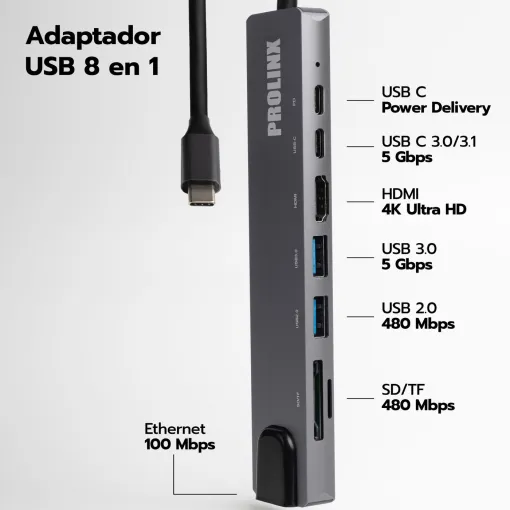 Adaptador Hub USB Tipo C multipuerto 8 en 1, HUB 8.1 PROLINX
