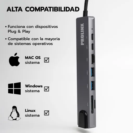 Adaptador Hub USB Tipo C multipuerto 8 en 1, HUB 8.1 PROLINX