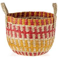 Cesto en seagrass motivos rojo y amarillo, con asas, 27x29 cm