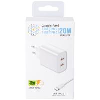 Cargador de red blanco, carga rápida, con dos puertos: USB-C y USB-C, 20W