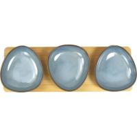 Bol azul de aperitivo, base de madera, 11x31x3,5 cm KASA, set 3 uds