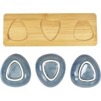 Bol azul de aperitivo, base de madera, 11x31x3,5 cm KASA, set 3 uds