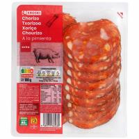 Chorizo extra a la pimienta EROSKI, lonchas, bandeja 100 g