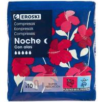 Compresas de noche con alas EROSKI, paquete 10 uds