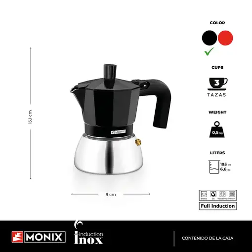 Cafetera Italiana negra Induction inox, tecnologia Bi-clad, mango termoresistente, apta para todo tipo de cocinas MONIX, 3 tazas