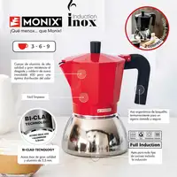 Cafetera Italiana roja Induction inox, tecnologia Bi-clad, mango termoresistente, apta para todo tipo de cocinas MONIX, 9 tazas