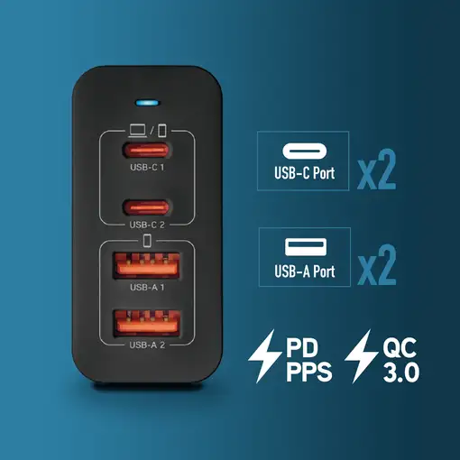 Cargador GAN de pared ultrarápido de 100W con 4 puertos: 2 USB-C 2 USB-A, NGS