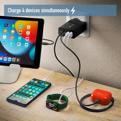 Cargador GAN de pared ultrarápido de 100W con 4 puertos: 2 USB-C 2 USB-A, NGS