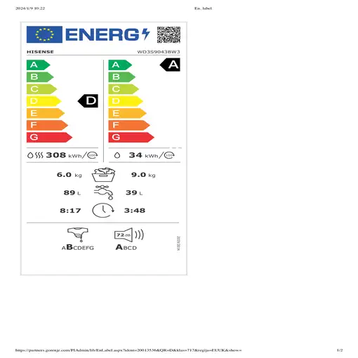 Hisense WD3S9043BW3 lavadora-secadora Independiente Carga frontal Blanco D