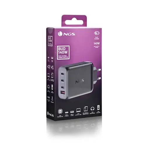 Cargador GAN de pared ultrarápido de 140W con 4 puertos: 3 USB-C 1 USB-A, NGS
