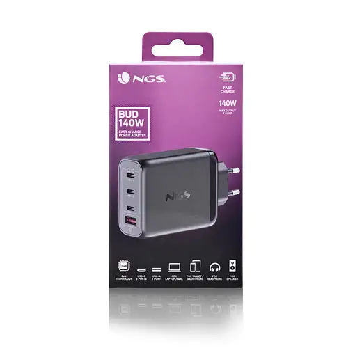 Cargador GAN de pared ultrarápido de 140W con 4 puertos: 3 USB-C 1 USB-A, NGS