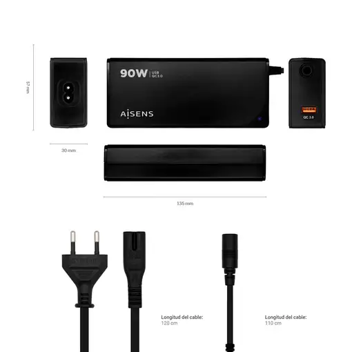AISENS ASLC-90WAUTO-BK adaptador e inversor de corriente Interior 90 W Negro