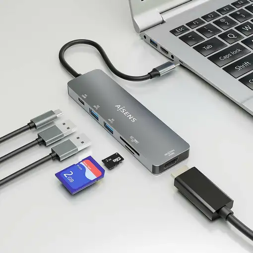 AISENS USB-C Dock 6 EN 1, USB-C a 1xHDMI, 2xUSB-A, 1xUSB-C PD 100W, 1xSD, 1xMicro