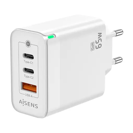 AISENS Cargador Gan 65W, 2xUSB-C PD3.0 QC4.0, 1xUSB-A QC3.0, Blanco