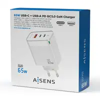 AISENS Cargador Gan 65W, 2xUSB-C PD3.0 QC4.0, 1xUSB-A QC3.0, Blanco