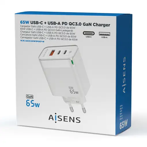 AISENS Cargador Gan 65W, 2xUSB-C PD3.0 QC4.0, 1xUSB-A QC3.0, Blanco