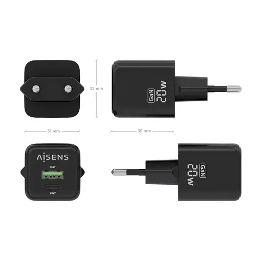 AISENS Cargador GaN 20W, 1xUSB-C PD3.0 QC4.0, 1xUSB-A QC3.0, Negro