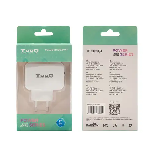 TooQ Cargador de Pared doble puerto USB-C + USB A, 27W