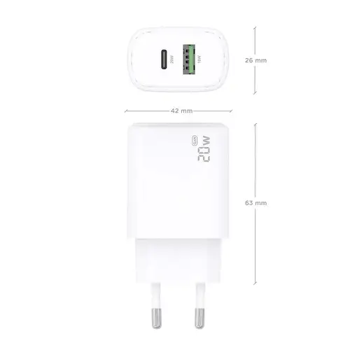 AISENS Cargador GaN 20W, 1xUSB-C PD3.0, 1xUSB-A QC3.0, Blanco