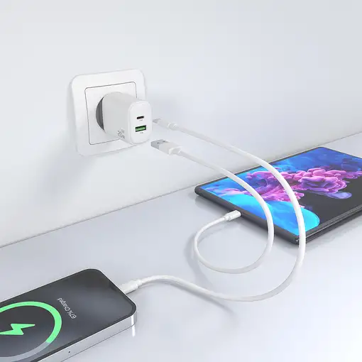 AISENS Cargador GaN 20W, 1xUSB-C PD3.0, 1xUSB-A QC3.0, Blanco