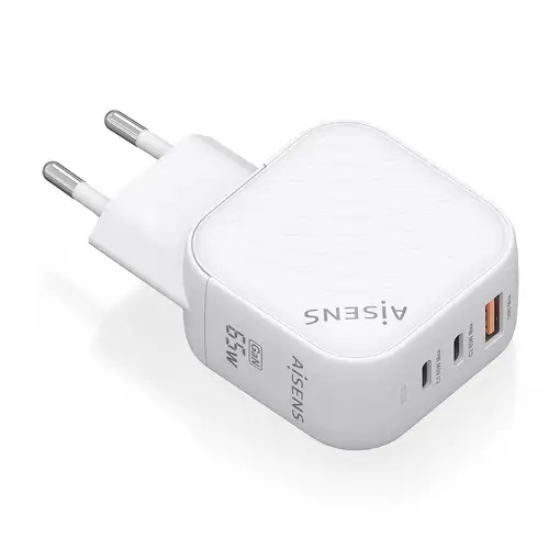 AISENS Cargador GaN 65W, 2xUSB-C PD3.0 QC4.0, 1xUSB-A QC3.0, Blanco