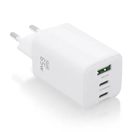 AISENS Cargador Gan 65W, 2xUSB-C PD3.0 QC4.0, 1xUSB-A QC3.0, Blanco