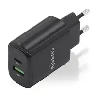 AISENS Cargador GaN 20W, 1xUSB-C PD3.0, 1xUSB-A QC3.0, Negro