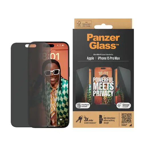 PanzerGlass ® Privacy Screen Protector iPhone 15 Pro Max | Ultra-Wide Fit w. EasyA