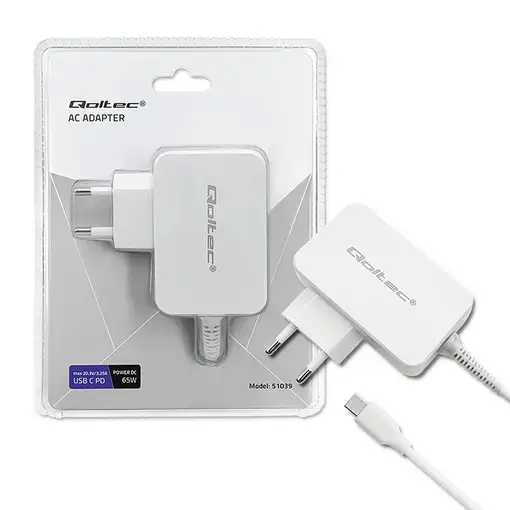 Qoltec 51039 adaptador e inversor de corriente Interior 65 W Blanco