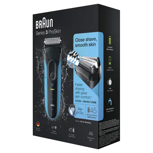 Braun Series 3 3010 Wet & Dry Máquina de afeitar de láminas Recortadora Negro, Azu