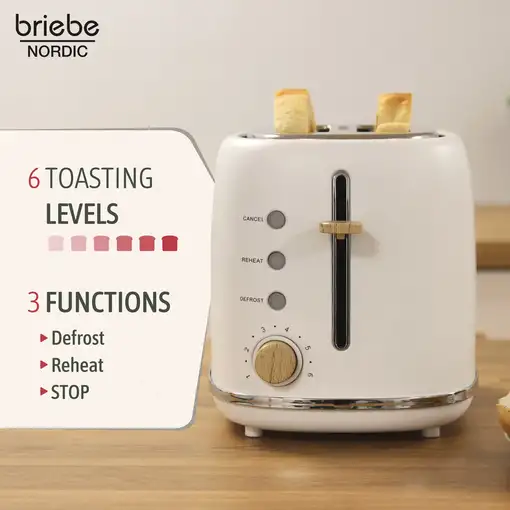Tostadora Pan Ranura Ancha,Tostador 2 Rebanadas,6 Niveles Tostado,TA1166WHT Briebe