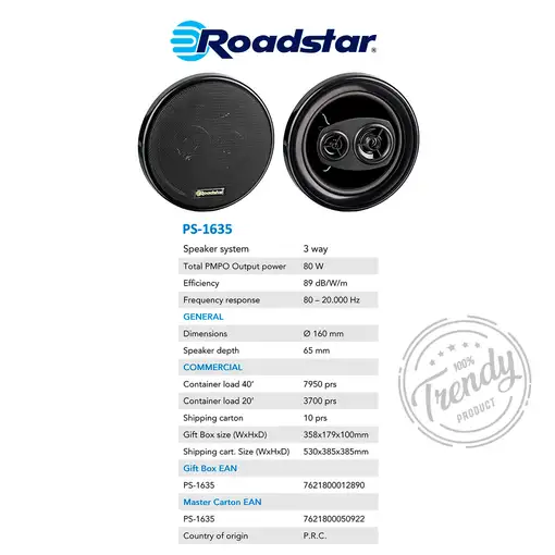 Roadstar 16351 altavoz audio De 3 vías 80 W