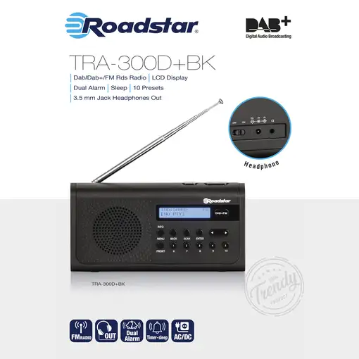 Radio Portátil Digital DAB/DAB+/FM, Funciona a Red / Pilas,TRA-300D+BK Roadstar