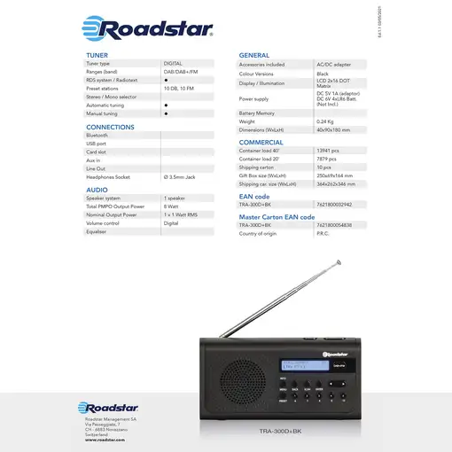 Radio Portátil Digital DAB/DAB+/FM, Funciona a Red / Pilas,TRA-300D+BK Roadstar